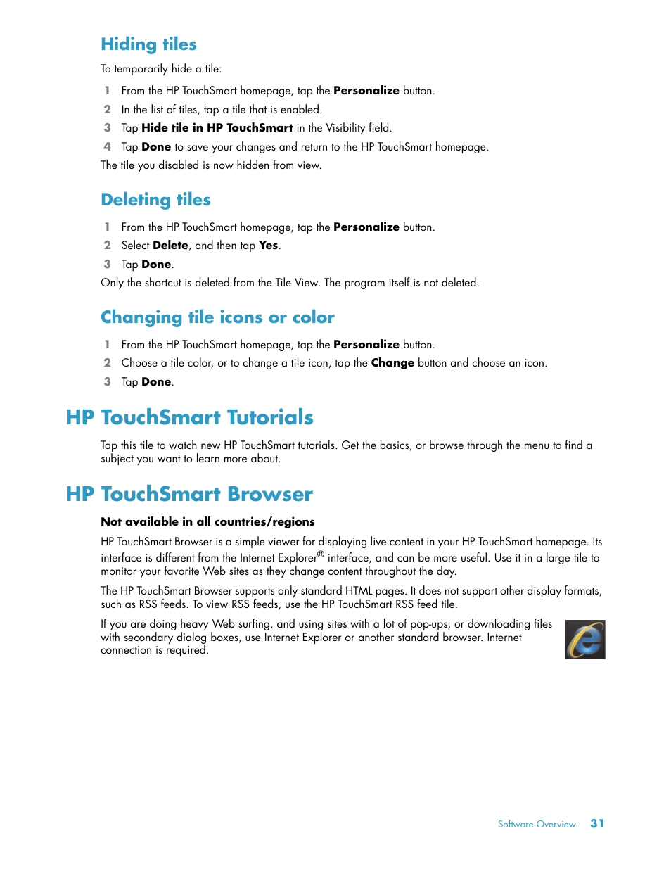 Hiding tiles, Deleting tiles, Changing tile icons or color | Hp touchsmart tutorials, Hp touchsmart browser, Hp touchsmart tutorials hp touchsmart browser | HP TouchSmart 300-1205z CTO Desktop PC User Manual | Page 37 / 68