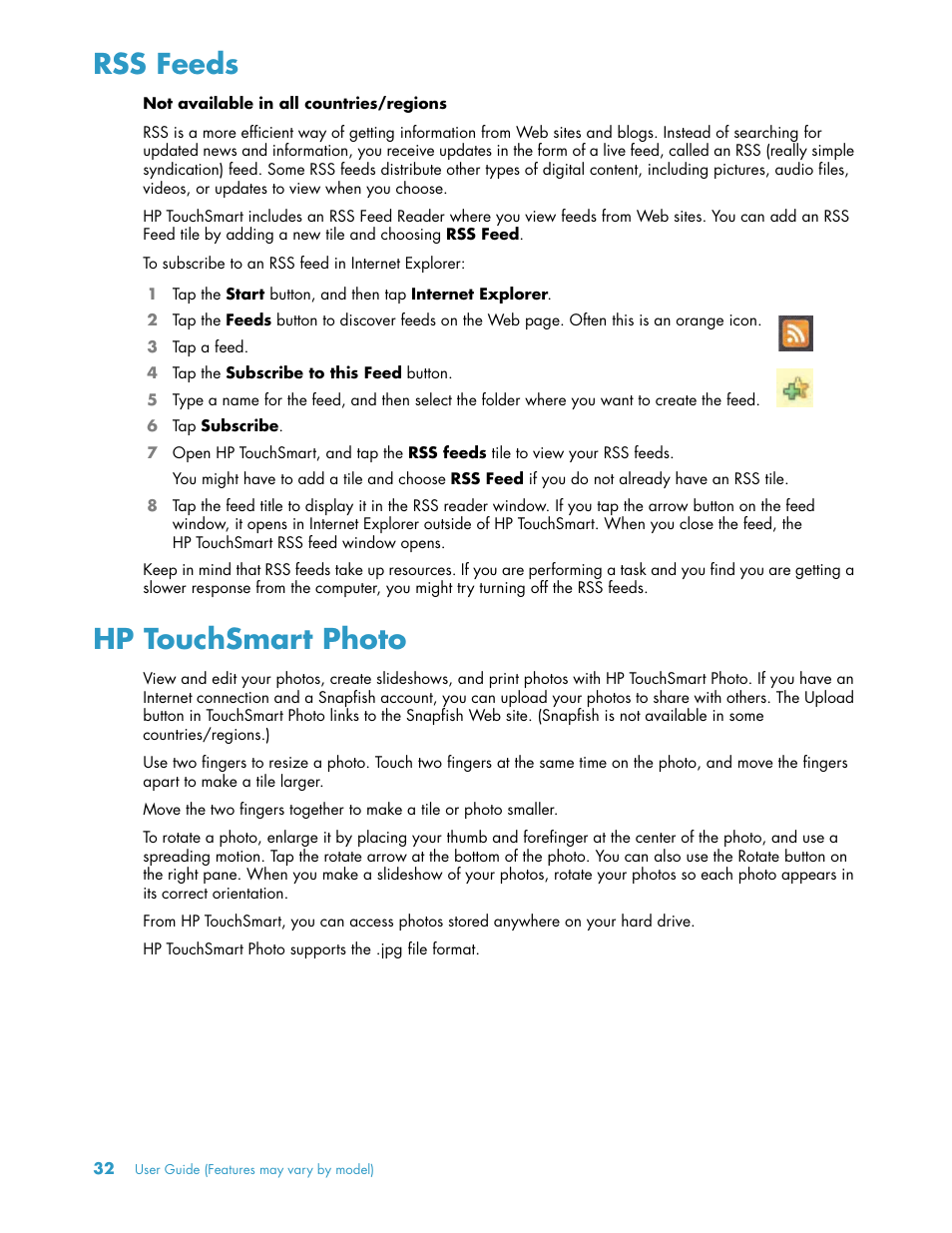 Rss feeds, Hp touchsmart photo, Rss feeds hp touchsmart photo | HP TouchSmart 300-1205z CTO Desktop PC User Manual | Page 38 / 68