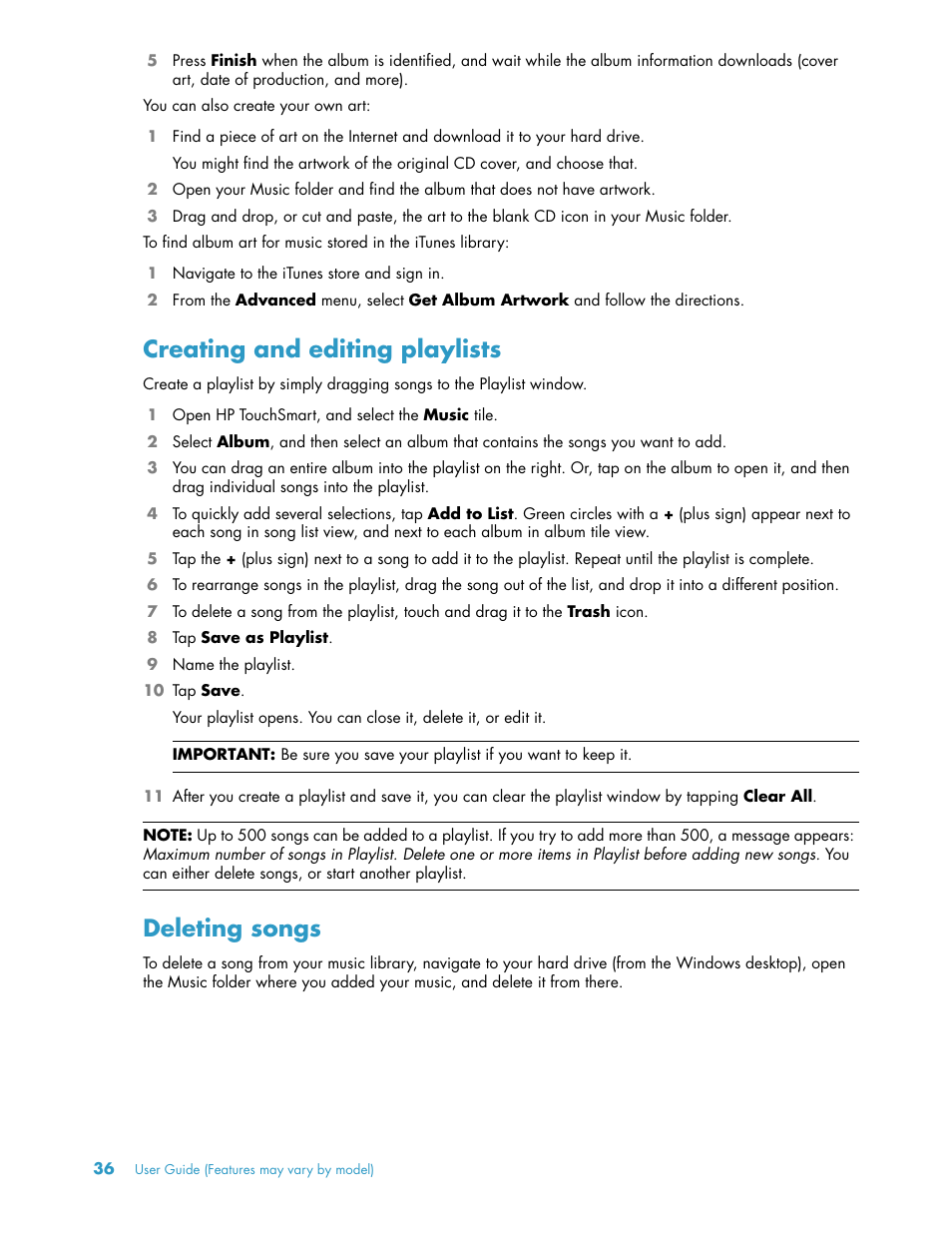 Creating and editing playlists, Deleting songs, Creating and editing playlists deleting songs | HP TouchSmart 300-1205z CTO Desktop PC User Manual | Page 42 / 68