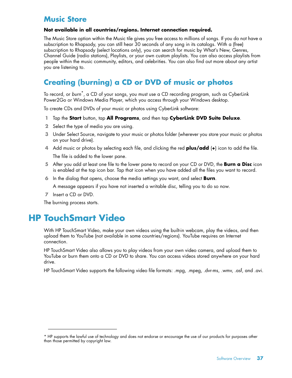 Music store, Creating (burning) a cd or dvd of music or photos, Hp touchsmart video | HP TouchSmart 300-1205z CTO Desktop PC User Manual | Page 43 / 68