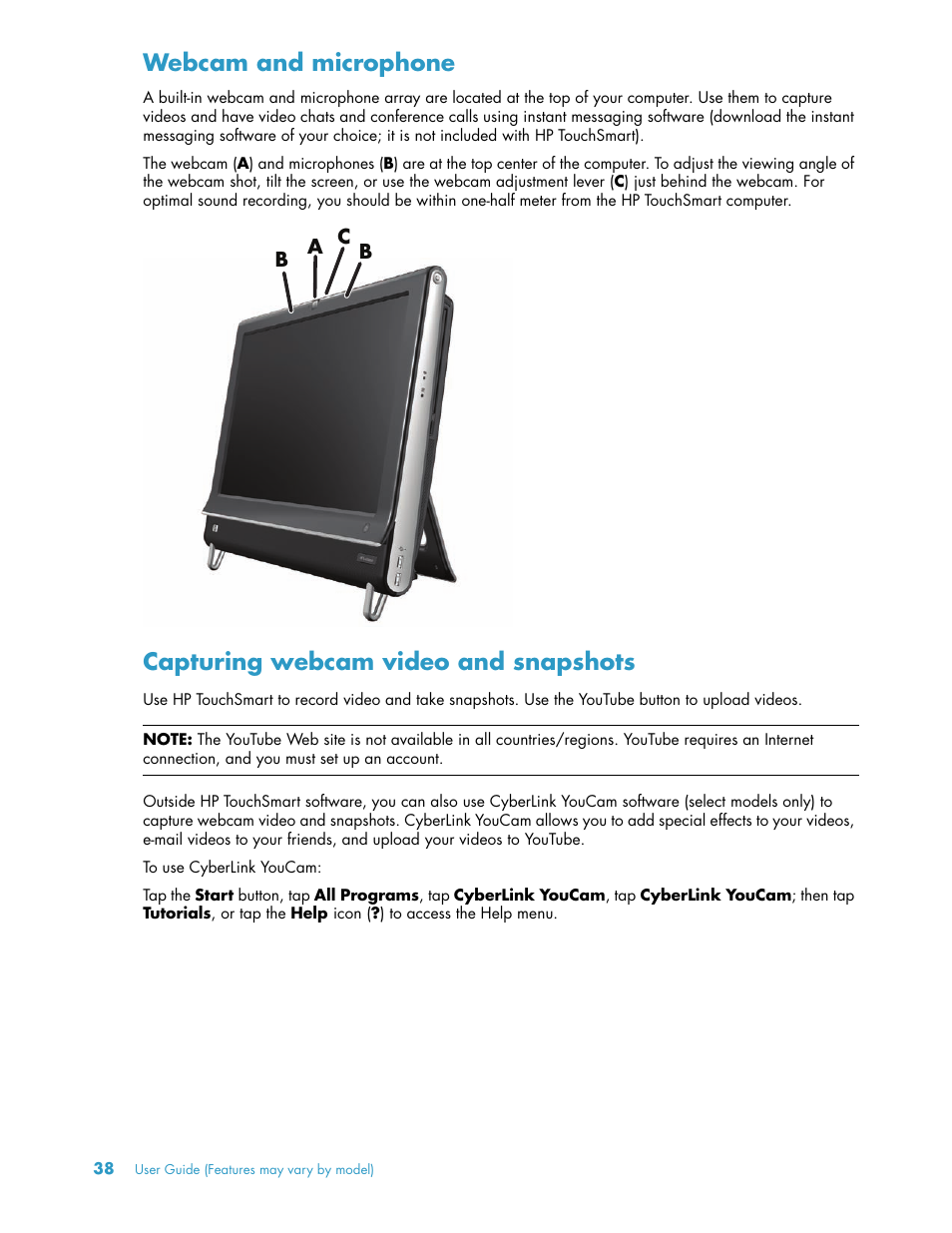 Webcam and microphone, Capturing webcam video and snapshots | HP TouchSmart 300-1205z CTO Desktop PC User Manual | Page 44 / 68