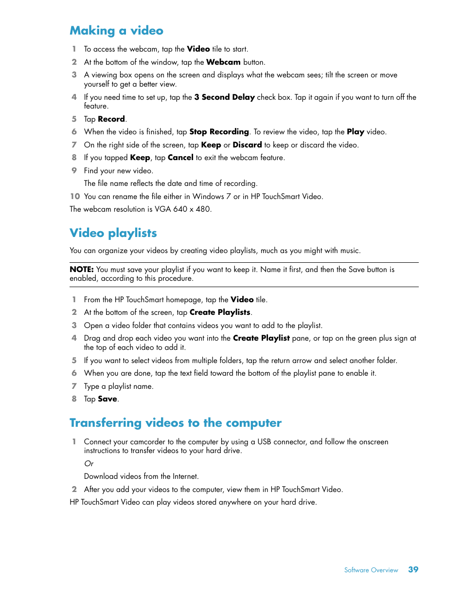 Making a video, Video playlists, Transferring videos to the computer | HP TouchSmart 300-1205z CTO Desktop PC User Manual | Page 45 / 68