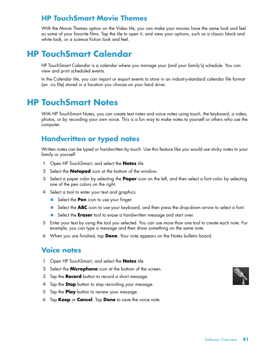 Hp touchsmart movie themes, Hp touchsmart calendar, Hp touchsmart notes | Handwritten or typed notes, Voice notes, Handwritten or typed notes voice notes | HP TouchSmart 300-1205z CTO Desktop PC User Manual | Page 47 / 68