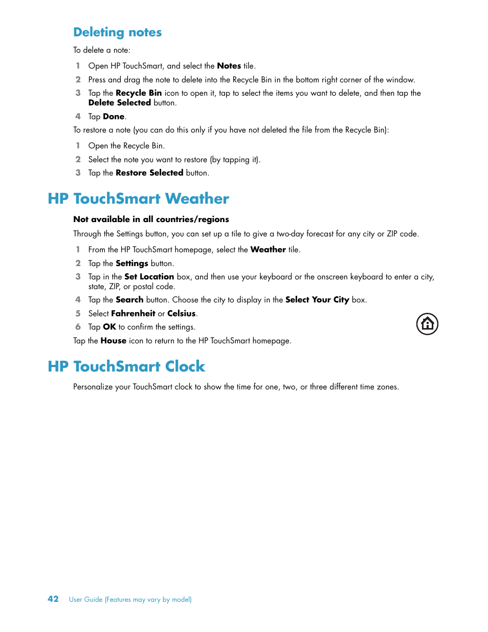 Deleting notes, Hp touchsmart weather, Hp touchsmart clock | Hp touchsmart weather hp touchsmart clock | HP TouchSmart 300-1205z CTO Desktop PC User Manual | Page 48 / 68