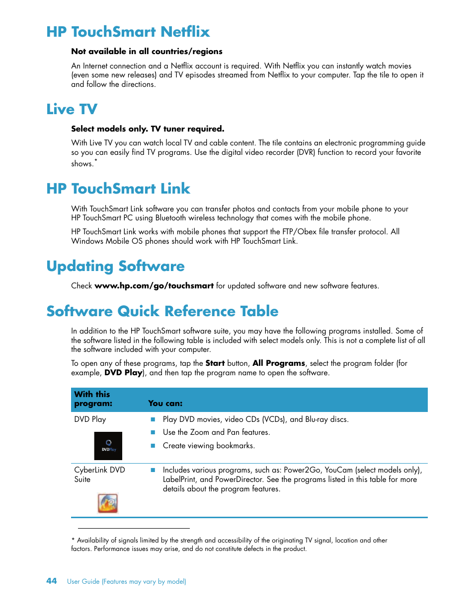 Hp touchsmart netflix, Live tv, Hp touchsmart link | Updating software, Software quick reference table | HP TouchSmart 300-1205z CTO Desktop PC User Manual | Page 50 / 68