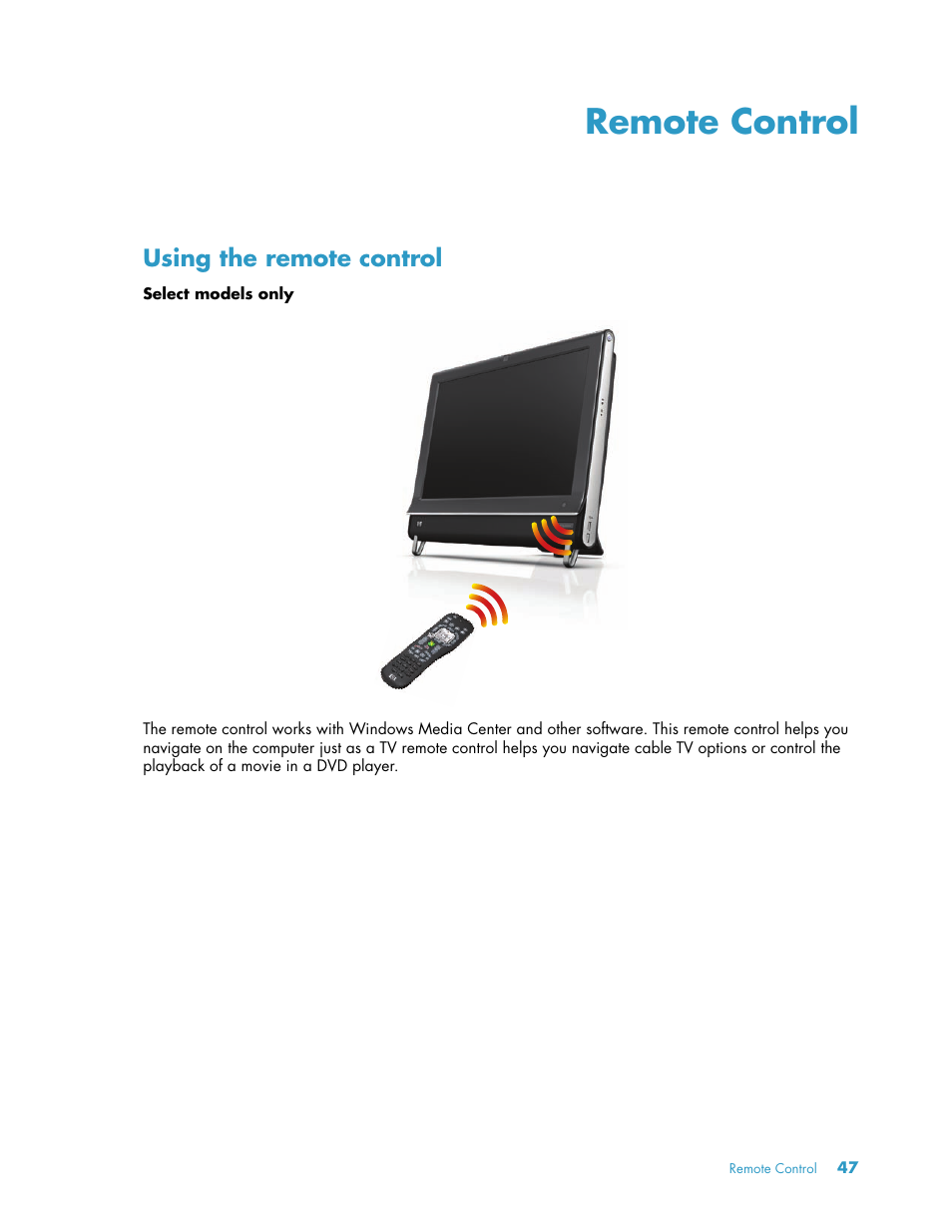 Remote control, Using the remote control | HP TouchSmart 300-1205z CTO Desktop PC User Manual | Page 53 / 68