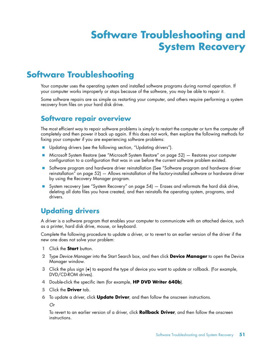 Software troubleshooting and system recovery, Software troubleshooting, Software repair overview | Updating drivers, Software repair overview updating drivers | HP TouchSmart 300-1205z CTO Desktop PC User Manual | Page 57 / 68