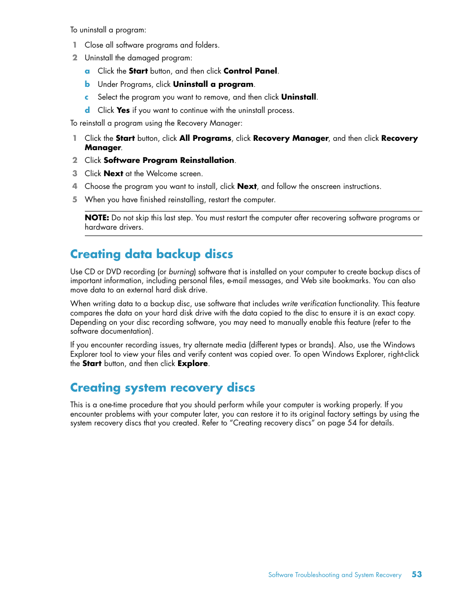 Creating data backup discs, Creating system recovery discs | HP TouchSmart 300-1205z CTO Desktop PC User Manual | Page 59 / 68