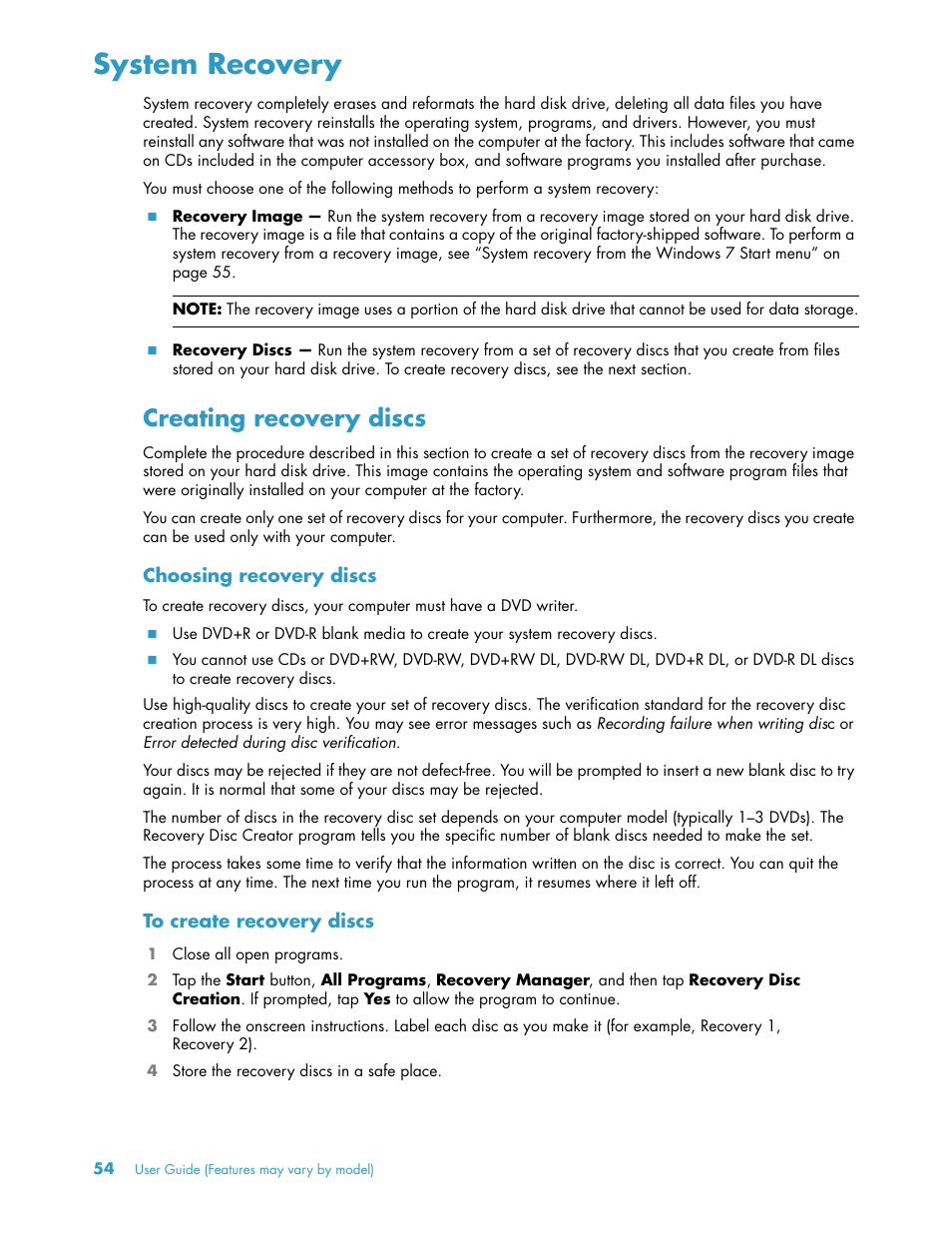 System recovery, Creating recovery discs | HP TouchSmart 300-1205z CTO Desktop PC User Manual | Page 60 / 68