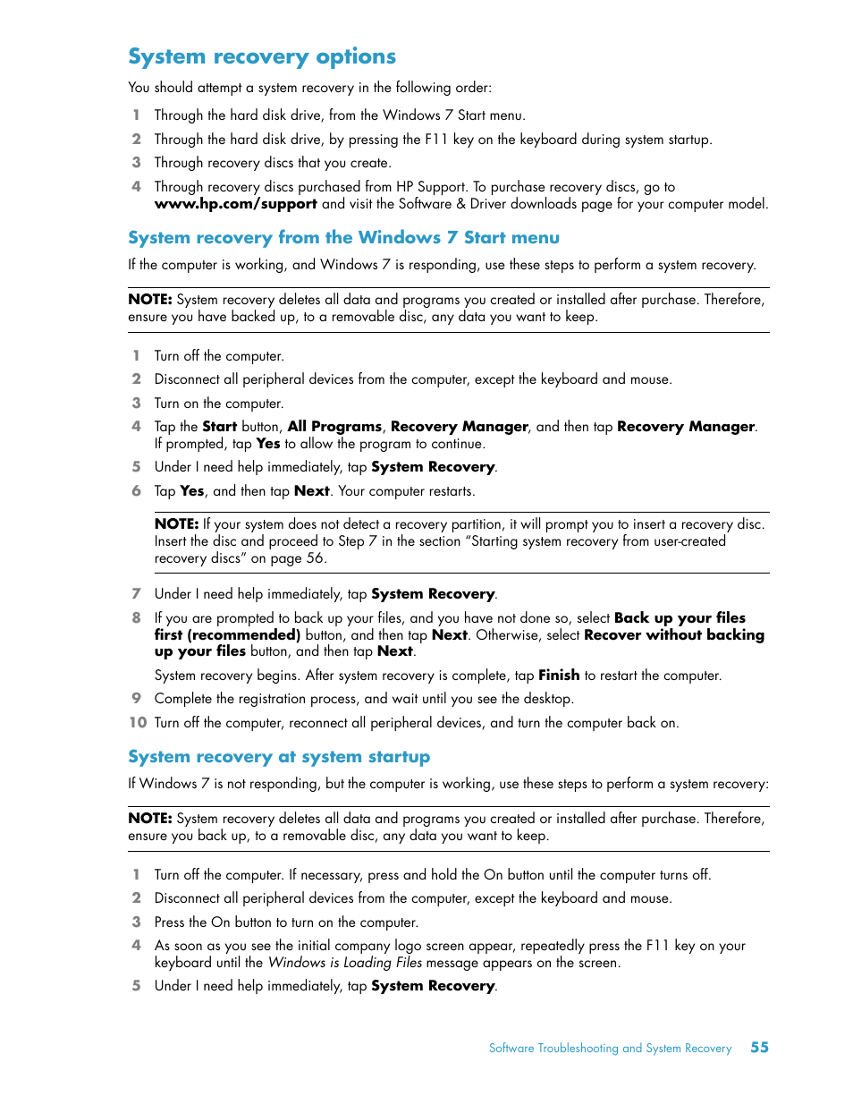 System recovery options | HP TouchSmart 300-1205z CTO Desktop PC User Manual | Page 61 / 68