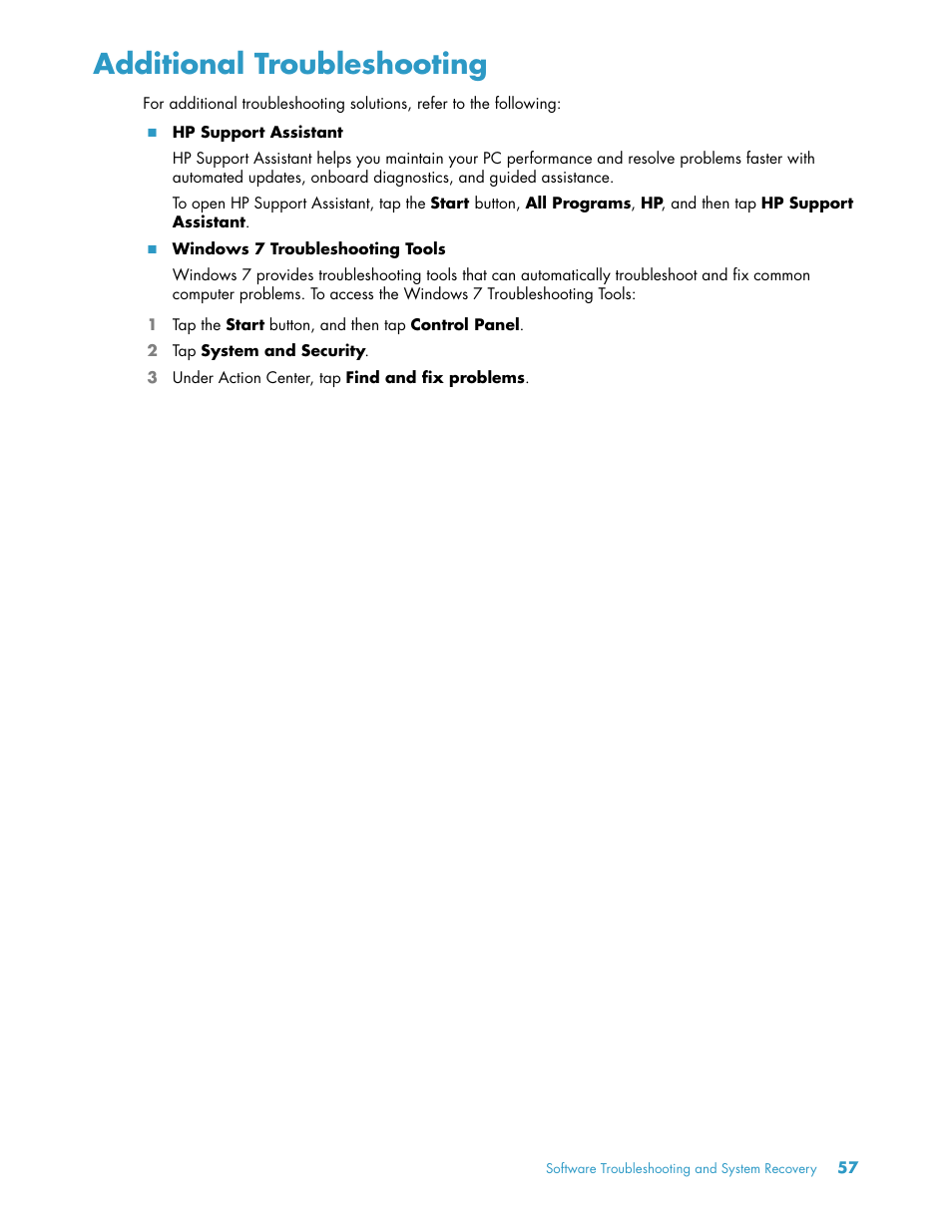 Additional troubleshooting | HP TouchSmart 300-1205z CTO Desktop PC User Manual | Page 63 / 68