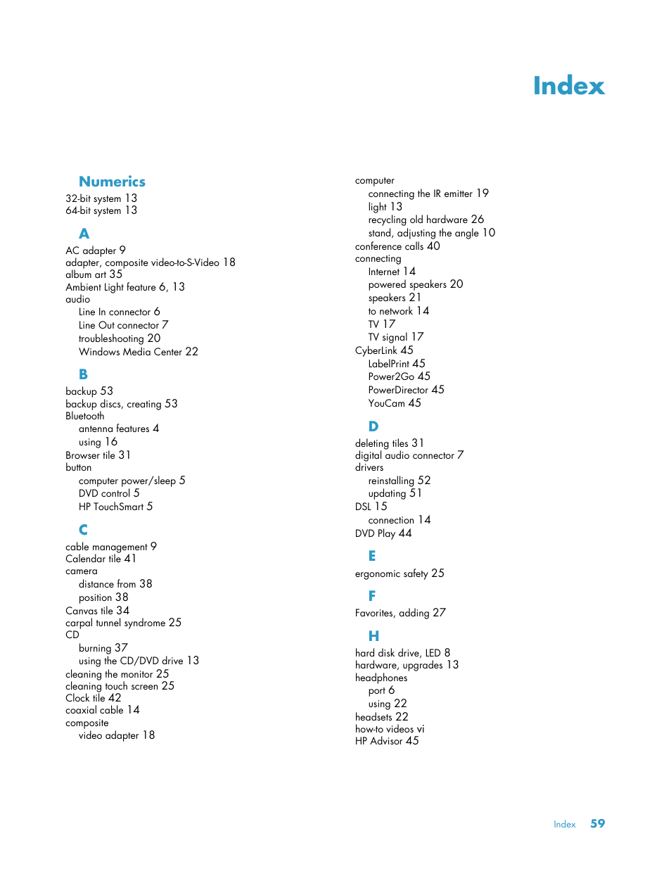 Index, Numerics | HP TouchSmart 300-1205z CTO Desktop PC User Manual | Page 65 / 68