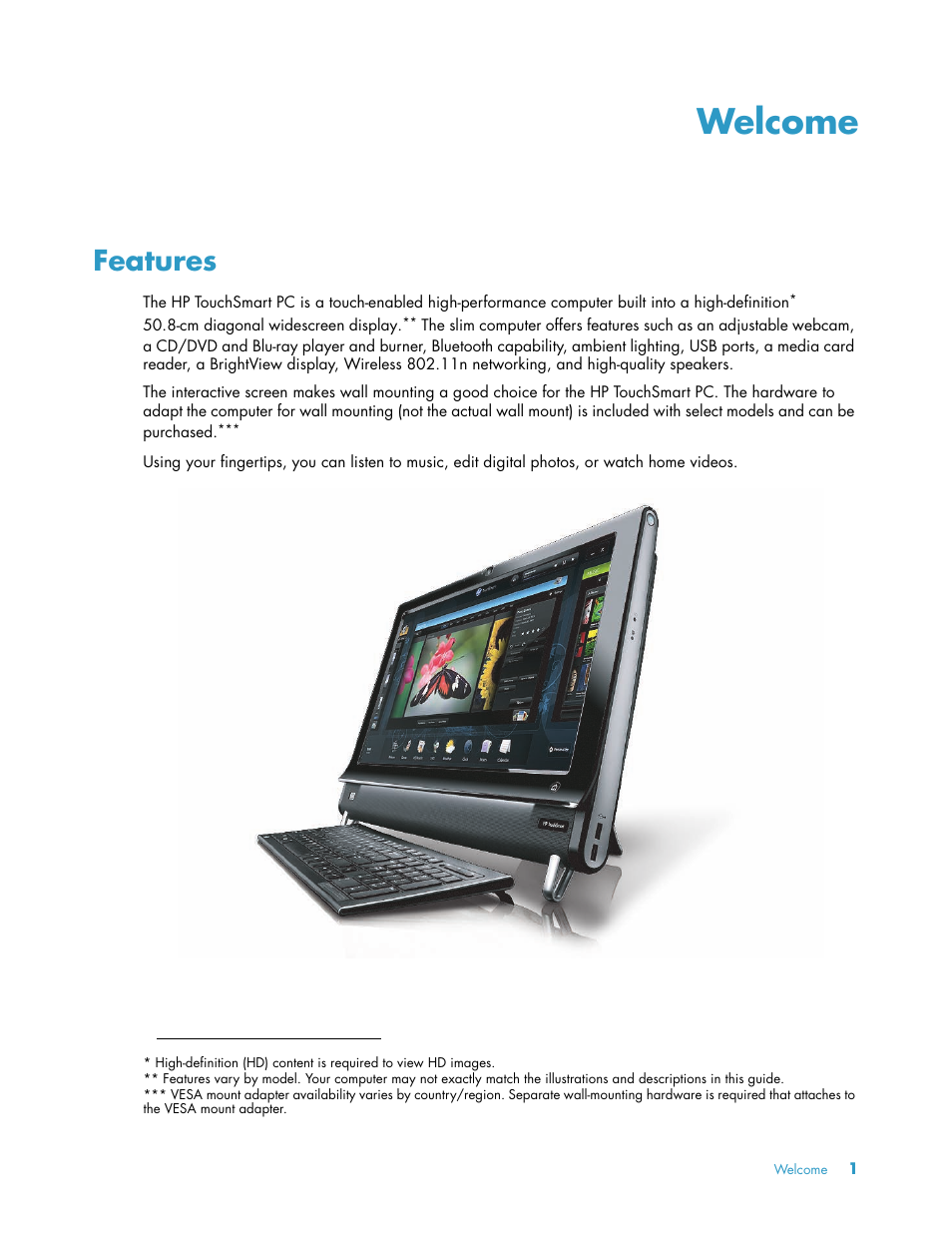 Welcome, Features | HP TouchSmart 300-1205z CTO Desktop PC User Manual | Page 7 / 68