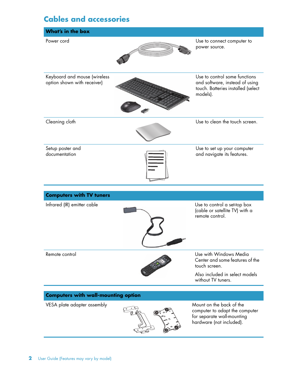 Cables and accessories | HP TouchSmart 300-1205z CTO Desktop PC User Manual | Page 8 / 68