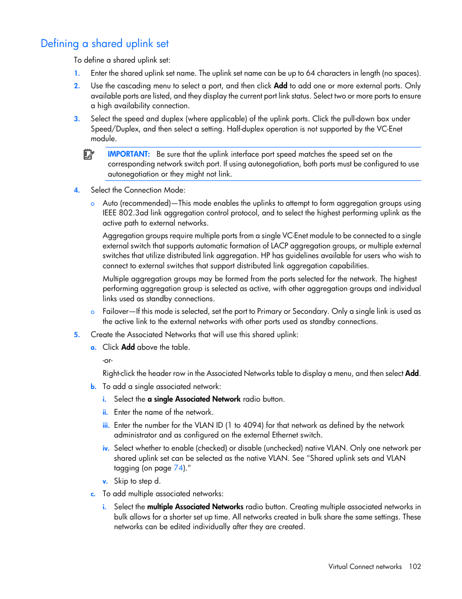 Defining a shared uplink set | HP 1.10GB Virtual Connect Ethernet Module for c-Class BladeSystem User Manual | Page 102 / 230