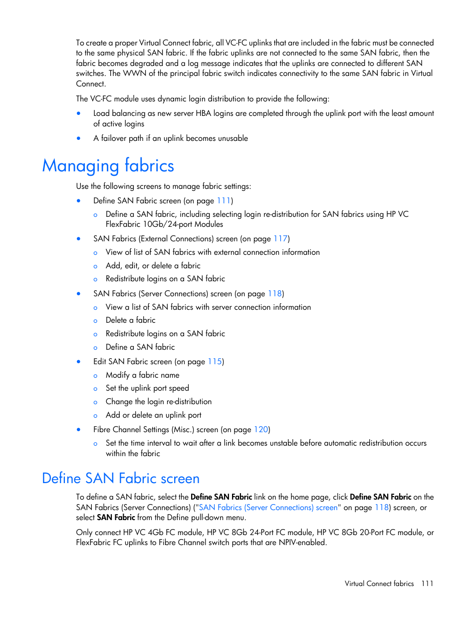 Managing fabrics, Define san fabric screen | HP 1.10GB Virtual Connect Ethernet Module for c-Class BladeSystem User Manual | Page 111 / 230