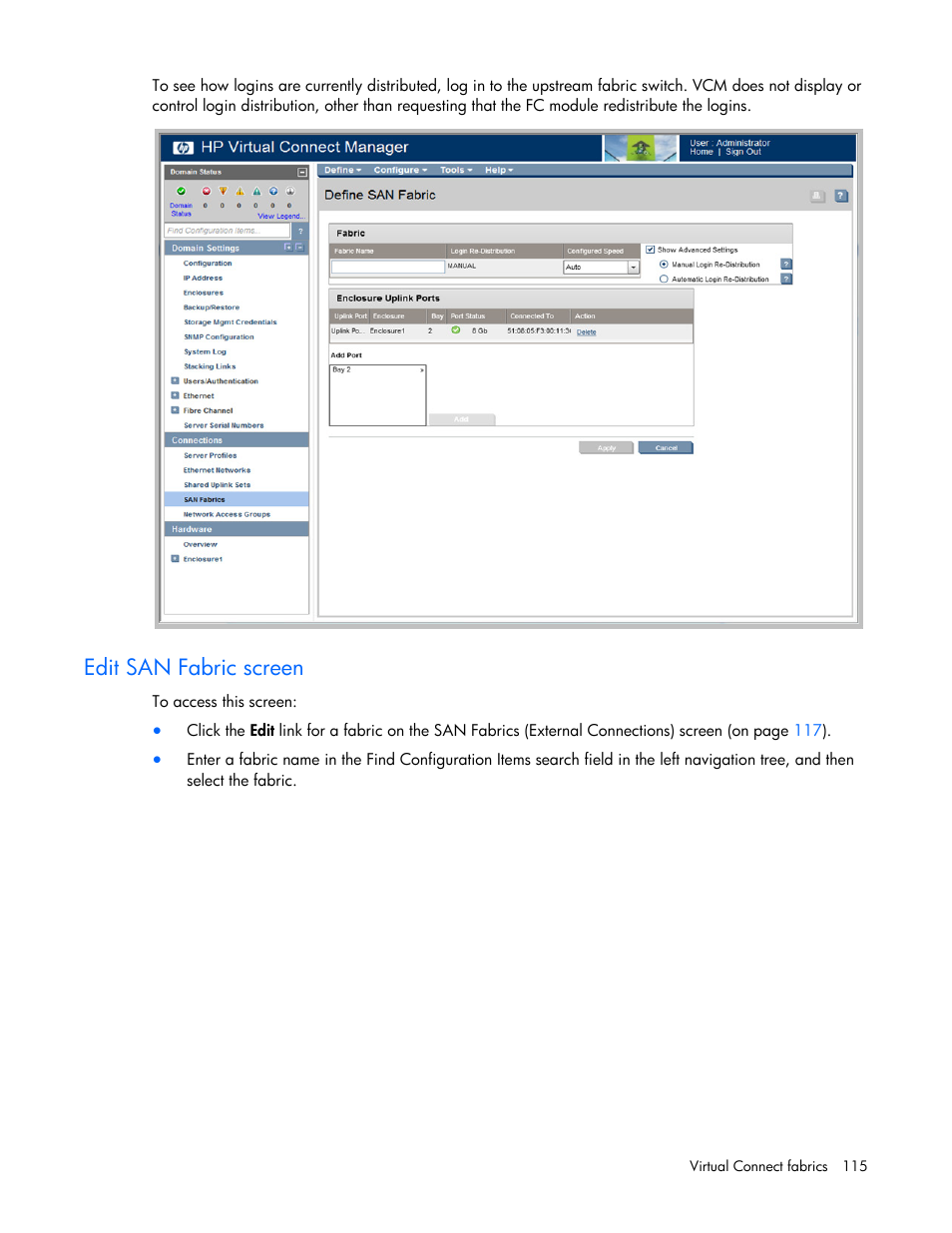 Edit san fabric screen | HP 1.10GB Virtual Connect Ethernet Module for c-Class BladeSystem User Manual | Page 115 / 230