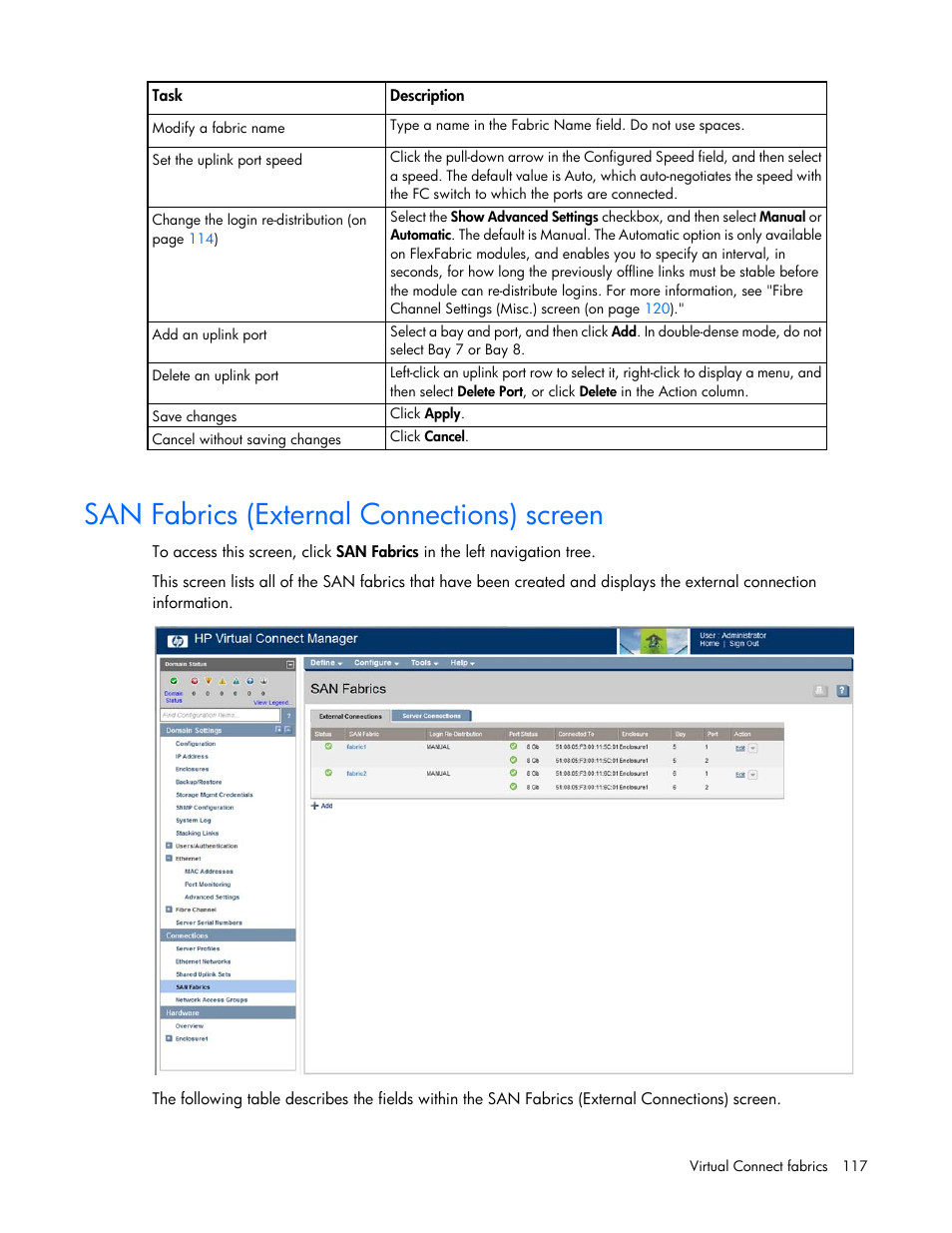 San fabrics (external connections) screen | HP 1.10GB Virtual Connect Ethernet Module for c-Class BladeSystem User Manual | Page 117 / 230