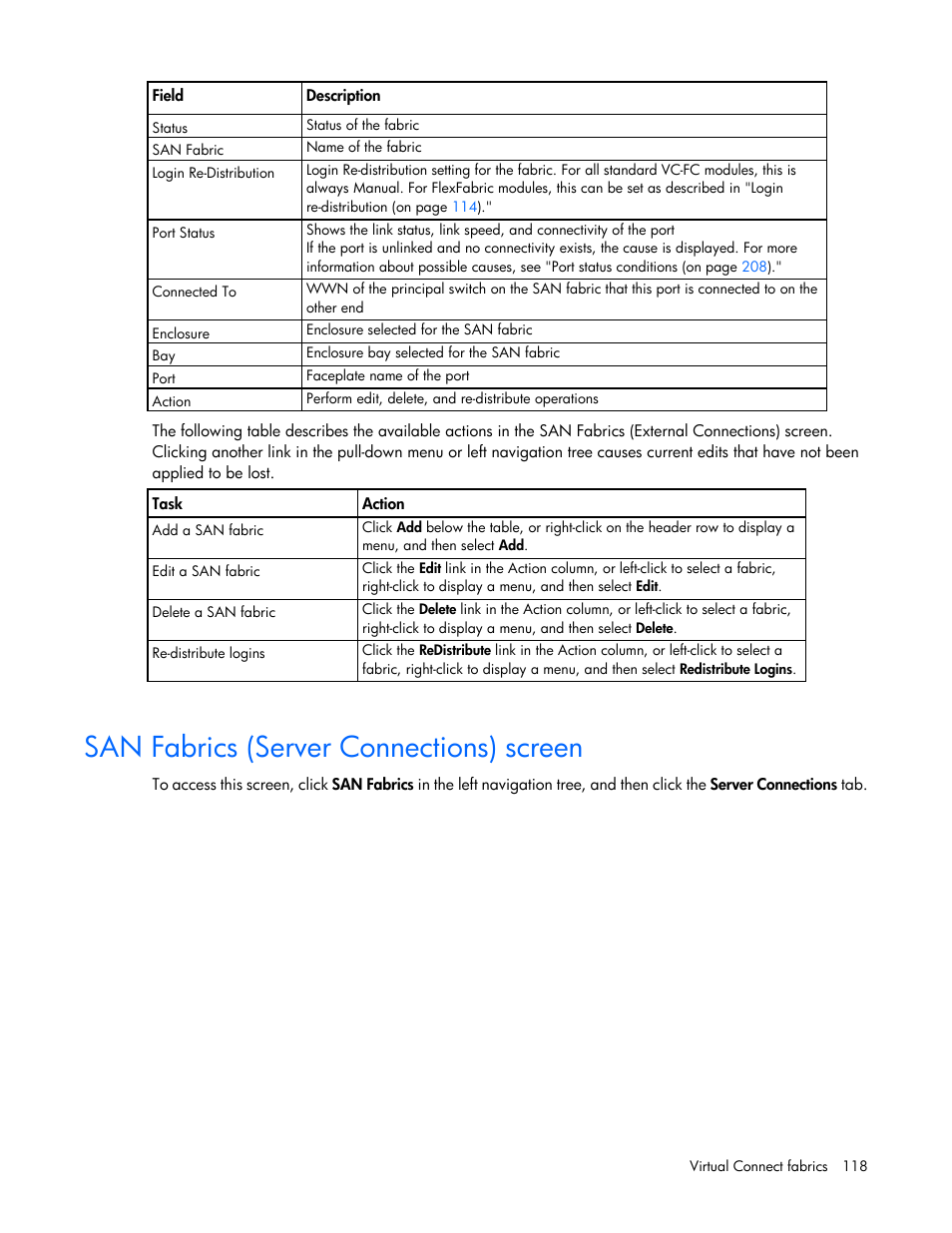 San fabrics (server connections) screen | HP 1.10GB Virtual Connect Ethernet Module for c-Class BladeSystem User Manual | Page 118 / 230