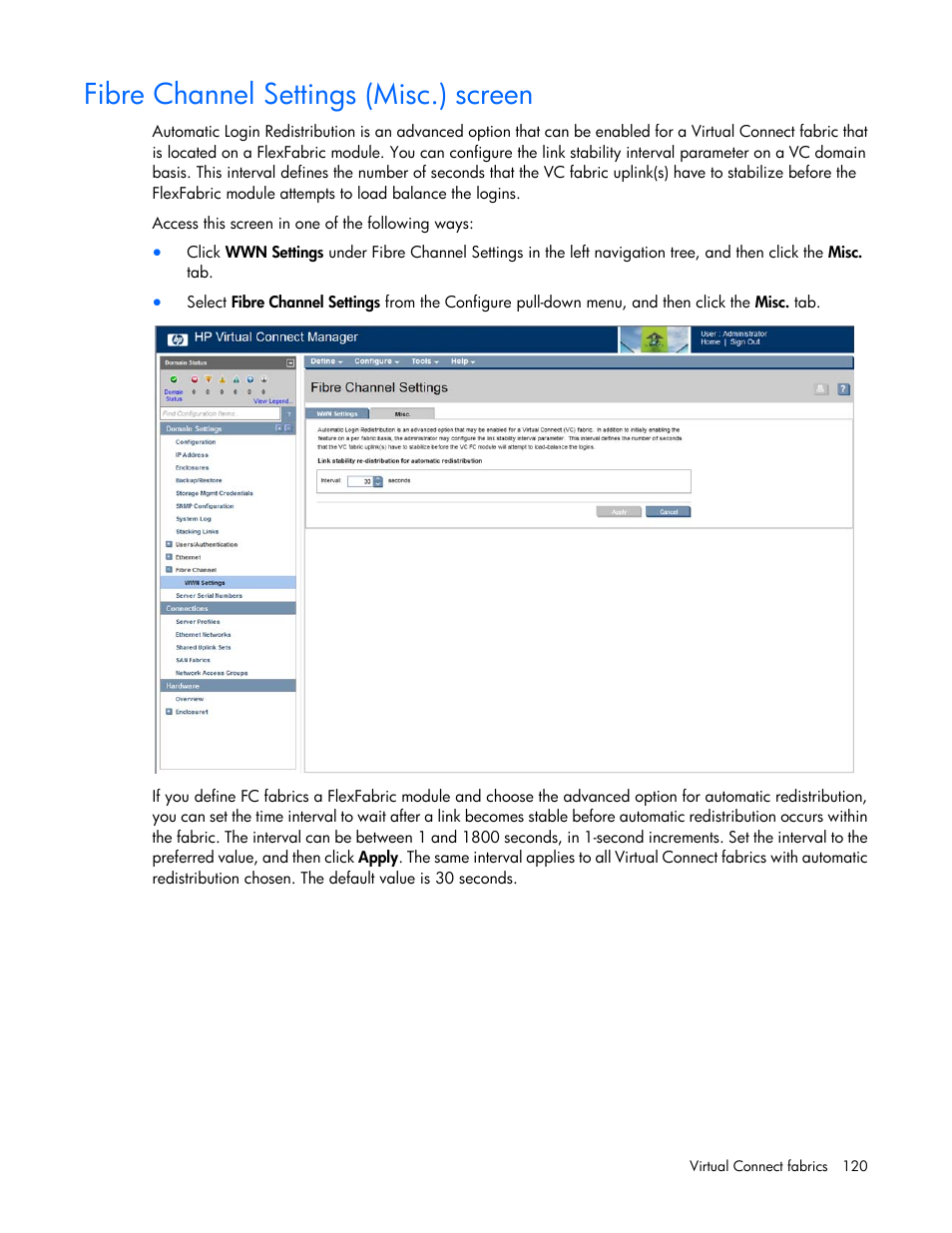 Fibre channel settings (misc.) screen | HP 1.10GB Virtual Connect Ethernet Module for c-Class BladeSystem User Manual | Page 120 / 230