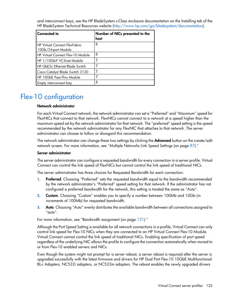 Flex-10 configuration | HP 1.10GB Virtual Connect Ethernet Module for c-Class BladeSystem User Manual | Page 125 / 230