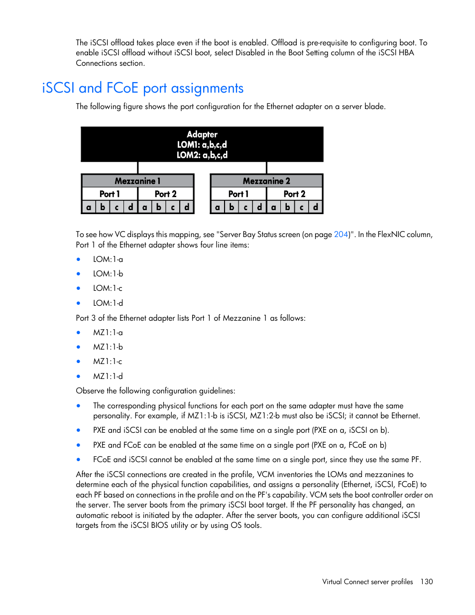 Iscsi and fcoe port assignments | HP 1.10GB Virtual Connect Ethernet Module for c-Class BladeSystem User Manual | Page 130 / 230