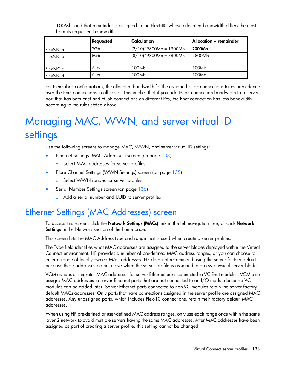 Managing mac, wwn, and server virtual id settings, Ethernet settings (mac addresses) screen | HP 1.10GB Virtual Connect Ethernet Module for c-Class BladeSystem User Manual | Page 133 / 230