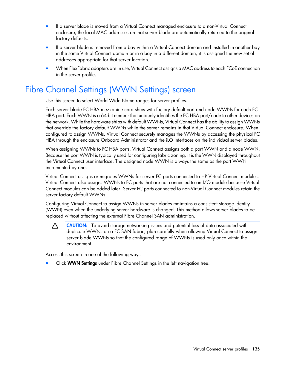 Fibre channel settings (wwn settings) screen | HP 1.10GB Virtual Connect Ethernet Module for c-Class BladeSystem User Manual | Page 135 / 230