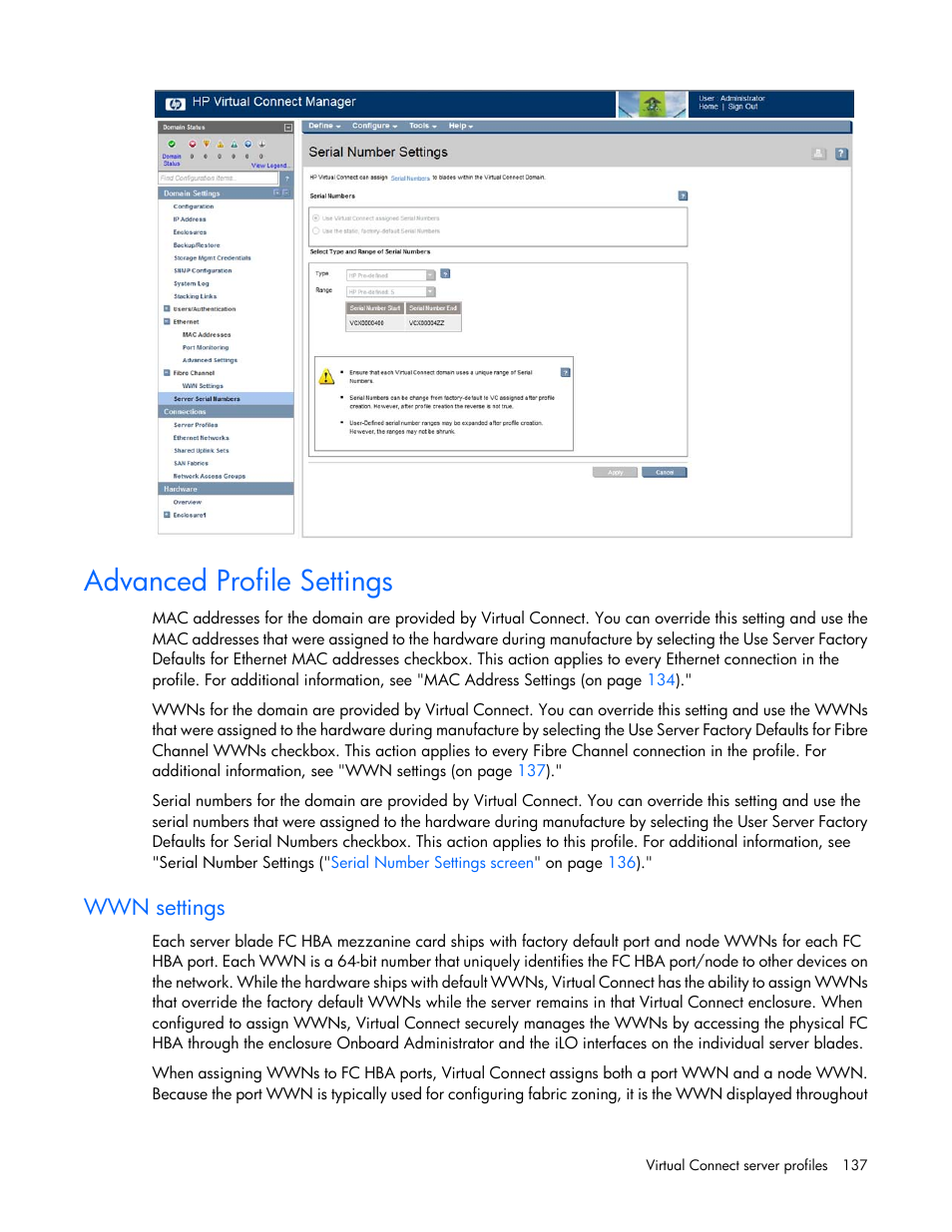 Advanced profile settings, Wwn settings | HP 1.10GB Virtual Connect Ethernet Module for c-Class BladeSystem User Manual | Page 137 / 230