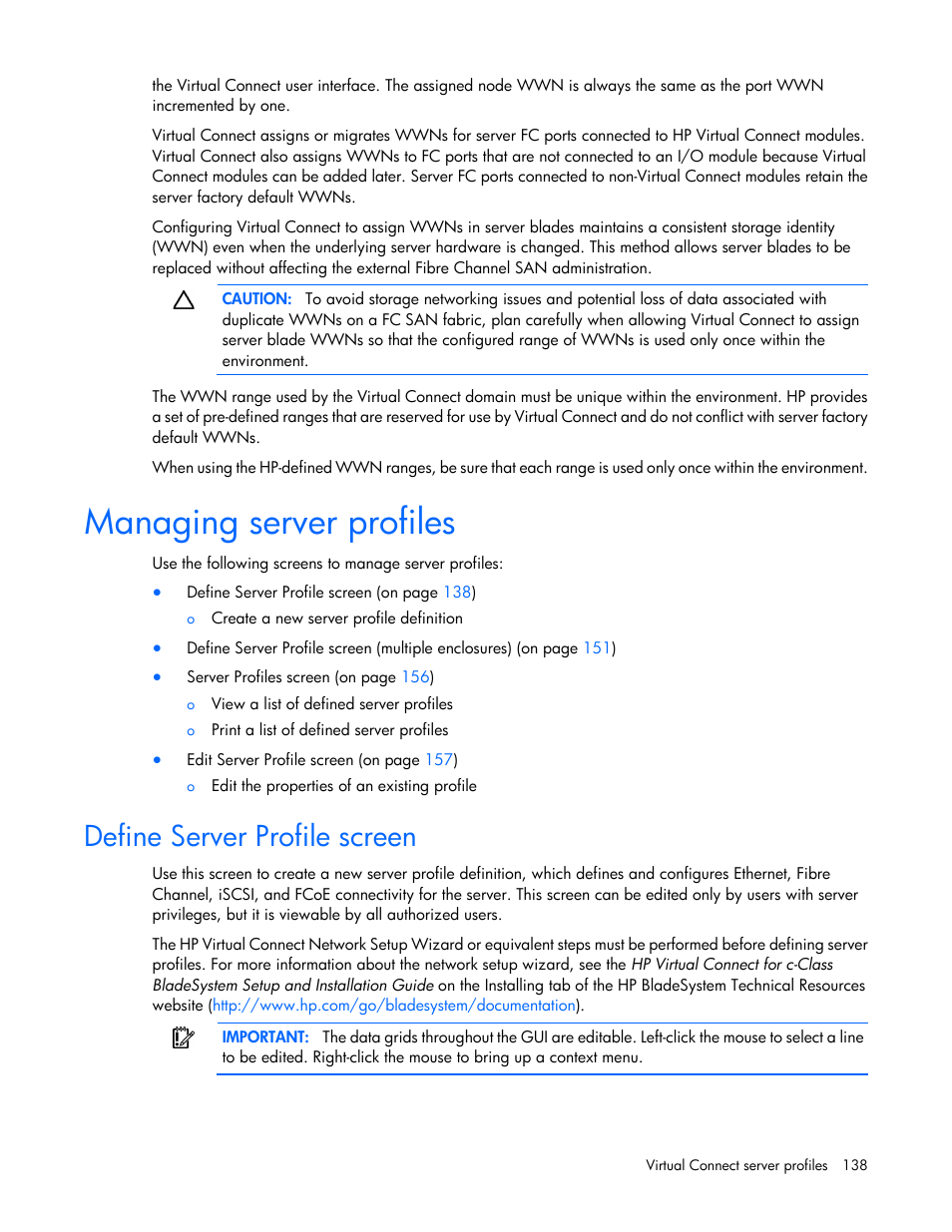 Managing server profiles, Define server profile screen | HP 1.10GB Virtual Connect Ethernet Module for c-Class BladeSystem User Manual | Page 138 / 230