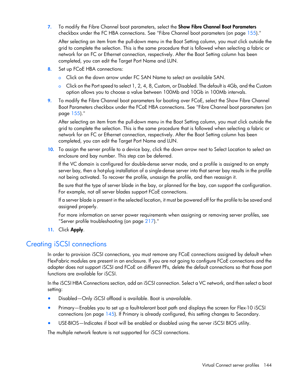 Creating iscsi connections | HP 1.10GB Virtual Connect Ethernet Module for c-Class BladeSystem User Manual | Page 144 / 230