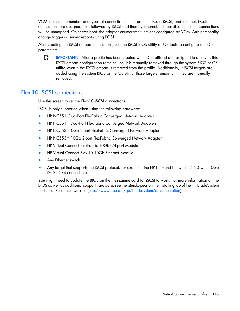 Flex-10 iscsi connections | HP 1.10GB Virtual Connect Ethernet Module for c-Class BladeSystem User Manual | Page 145 / 230