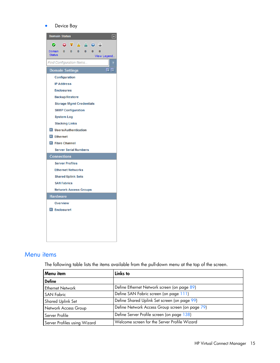 Menu items | HP 1.10GB Virtual Connect Ethernet Module for c-Class BladeSystem User Manual | Page 15 / 230