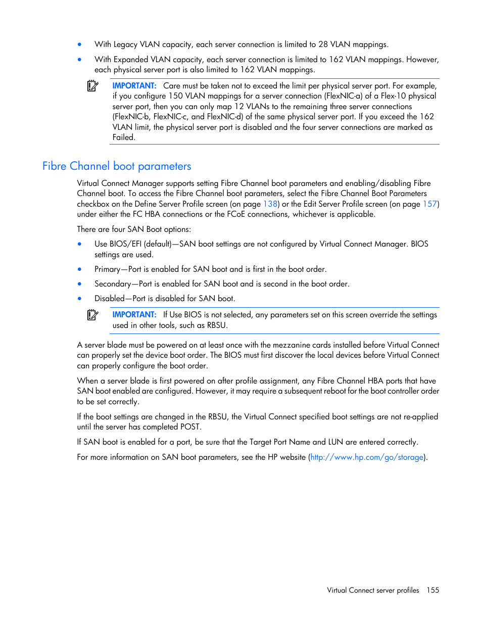 Fibre channel boot parameters | HP 1.10GB Virtual Connect Ethernet Module for c-Class BladeSystem User Manual | Page 155 / 230