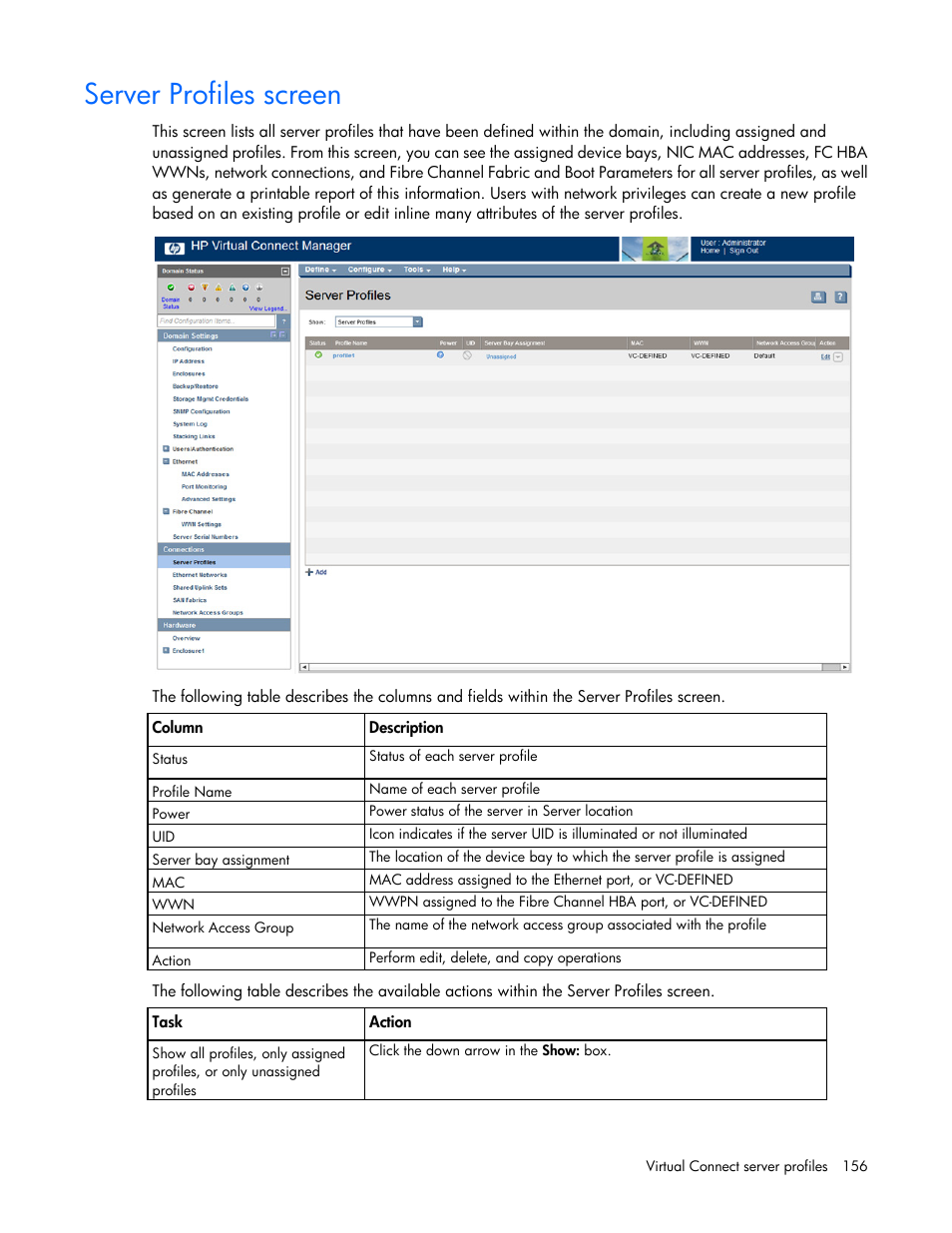 Server profiles screen | HP 1.10GB Virtual Connect Ethernet Module for c-Class BladeSystem User Manual | Page 156 / 230