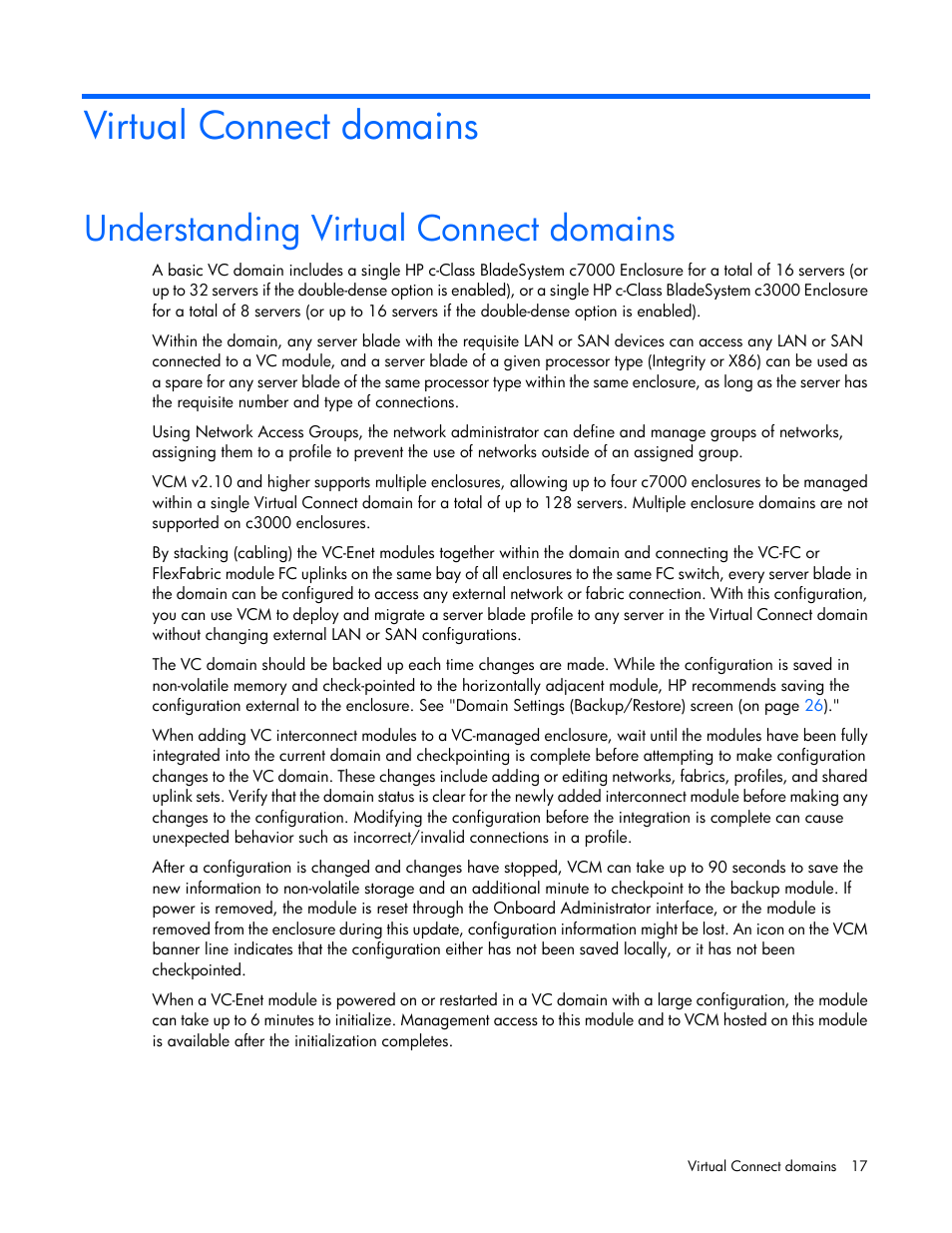 Virtual connect domains, Understanding virtual connect domains | HP 1.10GB Virtual Connect Ethernet Module for c-Class BladeSystem User Manual | Page 17 / 230