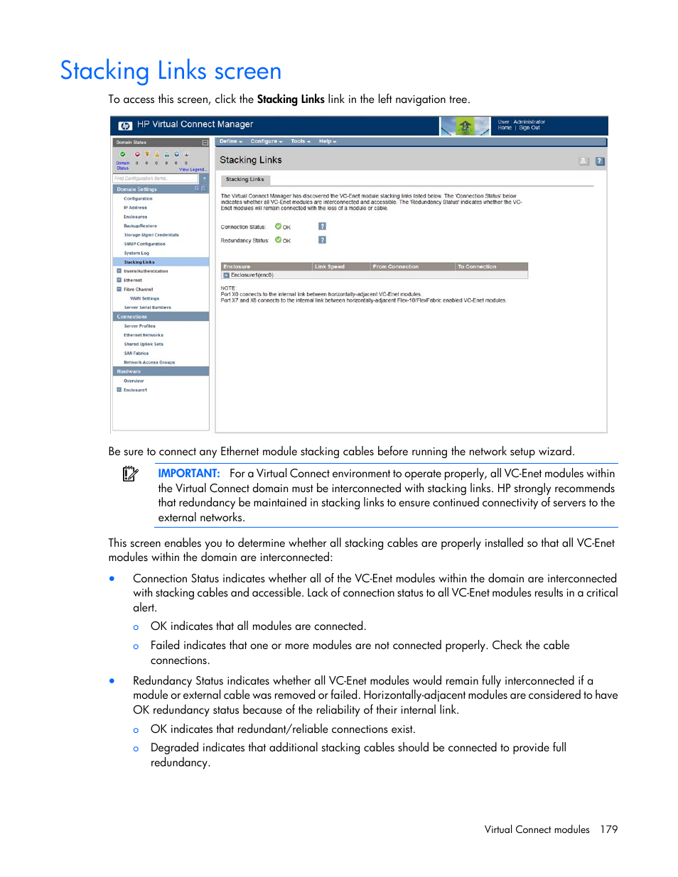 Stacking links screen | HP 1.10GB Virtual Connect Ethernet Module for c-Class BladeSystem User Manual | Page 179 / 230