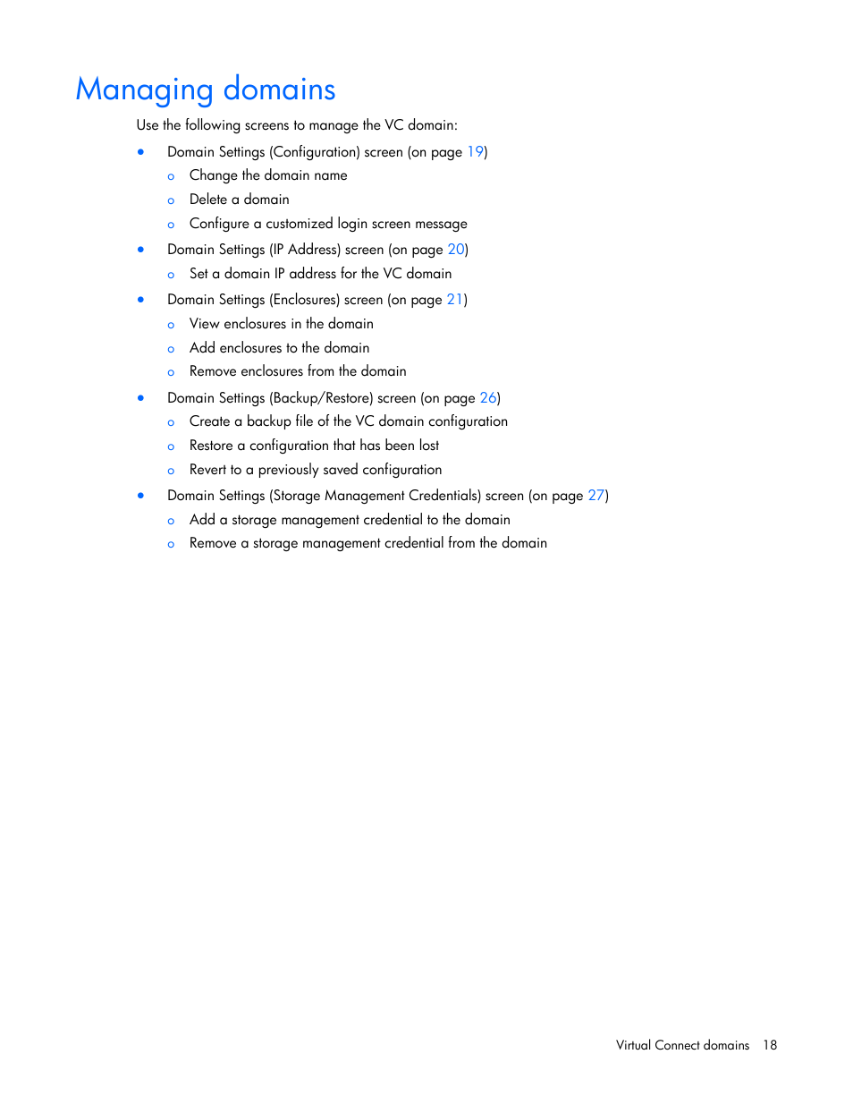 Managing domains | HP 1.10GB Virtual Connect Ethernet Module for c-Class BladeSystem User Manual | Page 18 / 230