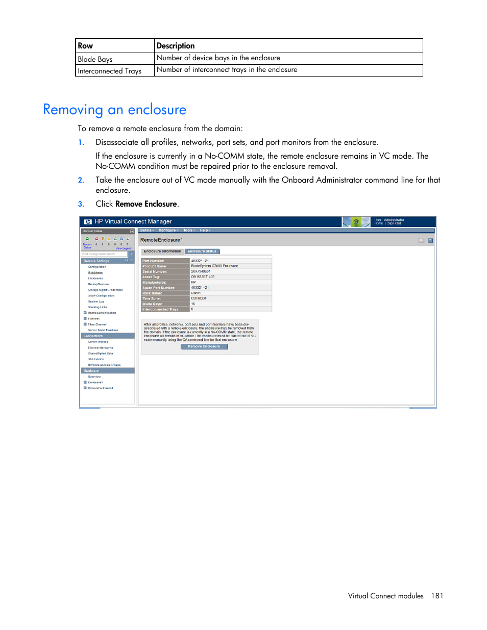 Removing an enclosure | HP 1.10GB Virtual Connect Ethernet Module for c-Class BladeSystem User Manual | Page 181 / 230