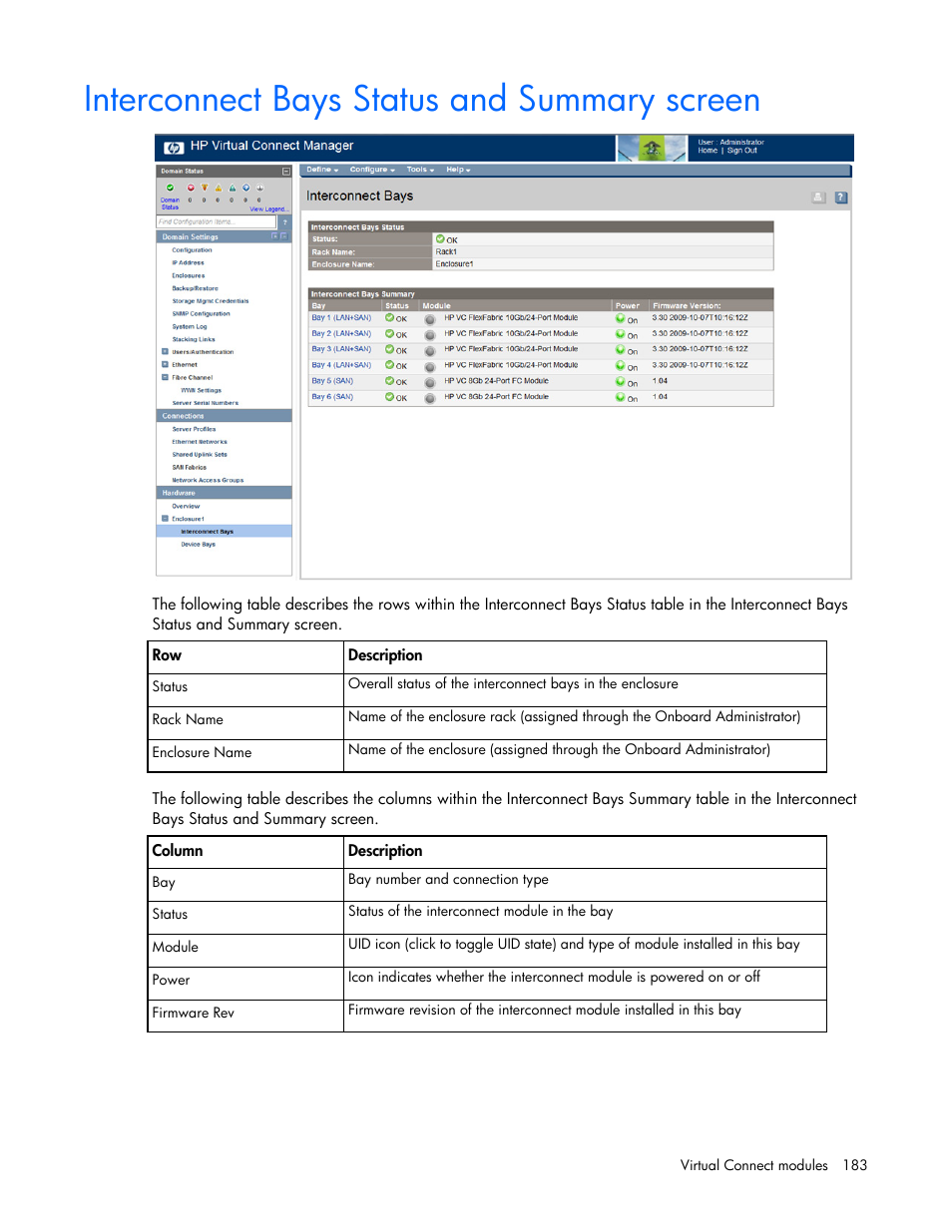 Interconnect bays status and summary screen | HP 1.10GB Virtual Connect Ethernet Module for c-Class BladeSystem User Manual | Page 183 / 230