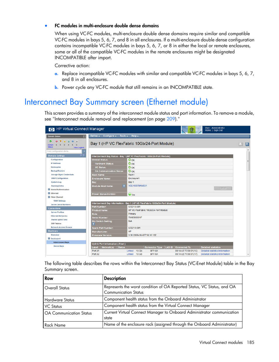 Interconnect bay summary screen (ethernet module), Interconnect bay summary screen (ethernet, Module) | HP 1.10GB Virtual Connect Ethernet Module for c-Class BladeSystem User Manual | Page 185 / 230