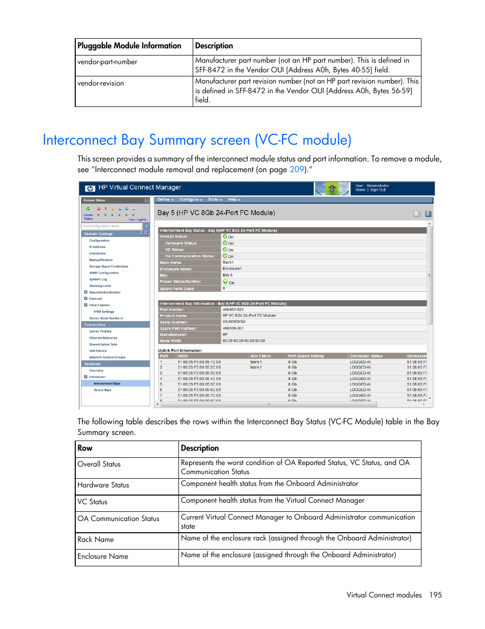 Interconnect bay summary screen (vc-fc module) | HP 1.10GB Virtual Connect Ethernet Module for c-Class BladeSystem User Manual | Page 195 / 230