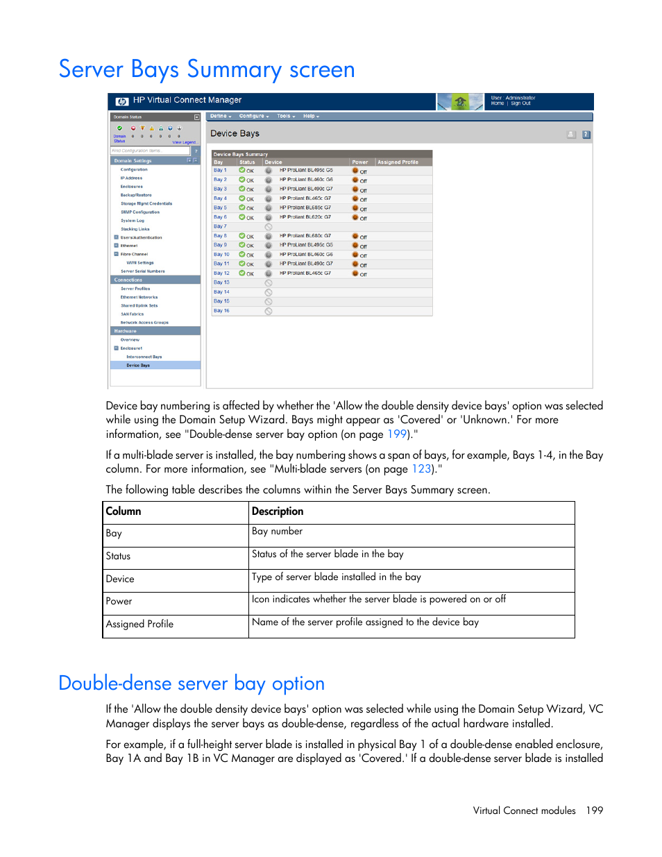 Server bays summary screen, Double-dense server bay option | HP 1.10GB Virtual Connect Ethernet Module for c-Class BladeSystem User Manual | Page 199 / 230