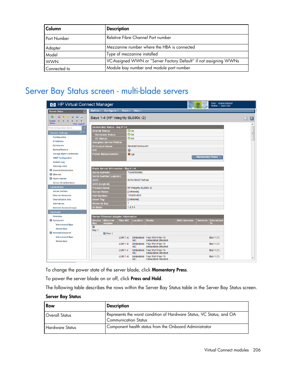 Server bay status screen - multi-blade servers | HP 1.10GB Virtual Connect Ethernet Module for c-Class BladeSystem User Manual | Page 206 / 230