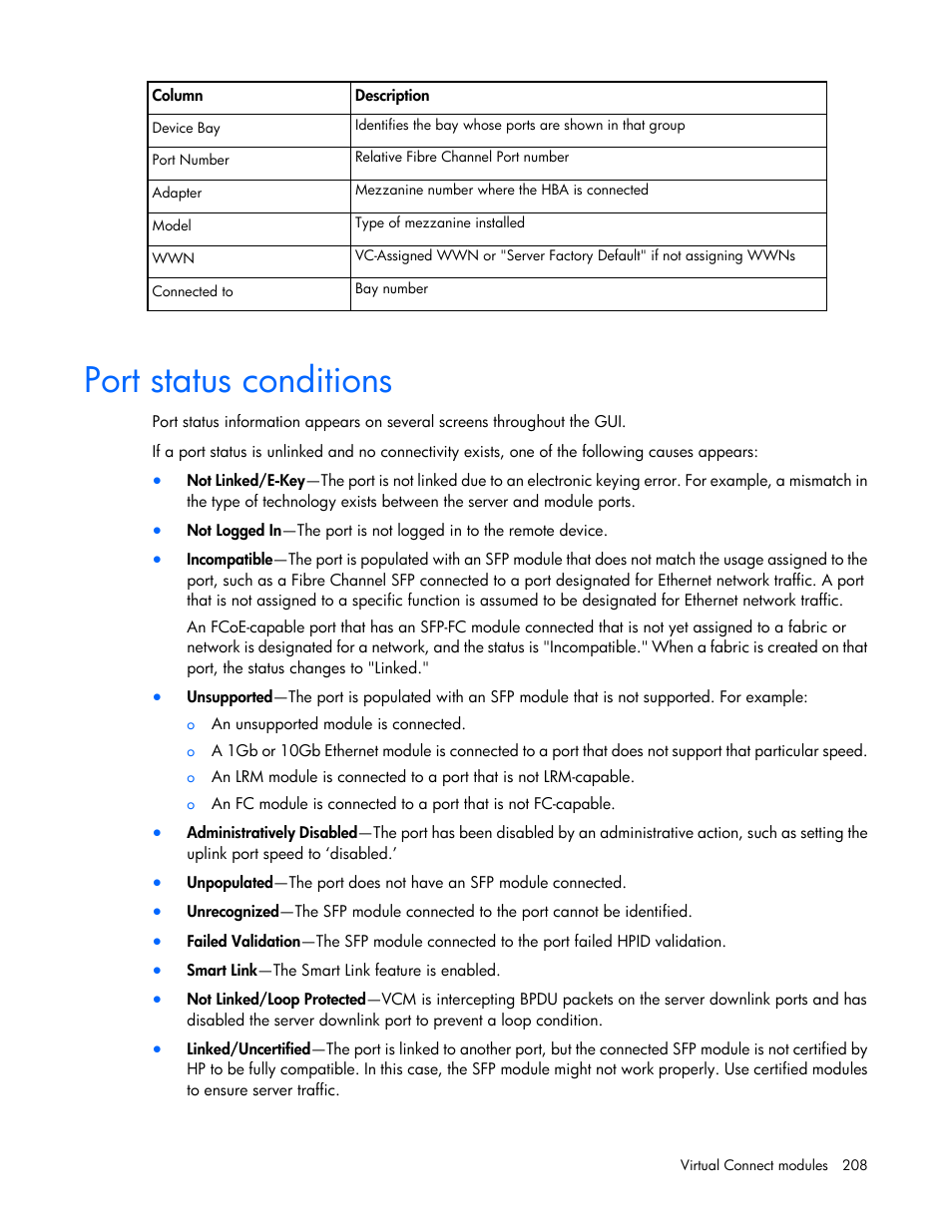 Port status conditions | HP 1.10GB Virtual Connect Ethernet Module for c-Class BladeSystem User Manual | Page 208 / 230