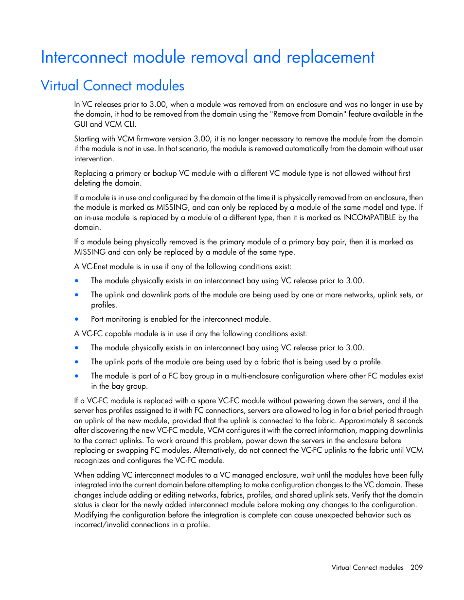 Interconnect module removal and replacement, Virtual connect modules | HP 1.10GB Virtual Connect Ethernet Module for c-Class BladeSystem User Manual | Page 209 / 230