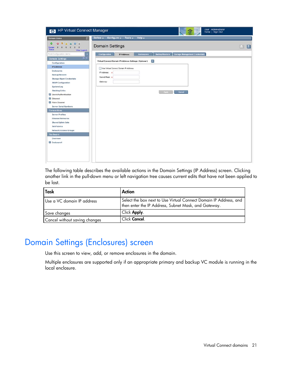 Domain settings (enclosures) screen | HP 1.10GB Virtual Connect Ethernet Module for c-Class BladeSystem User Manual | Page 21 / 230