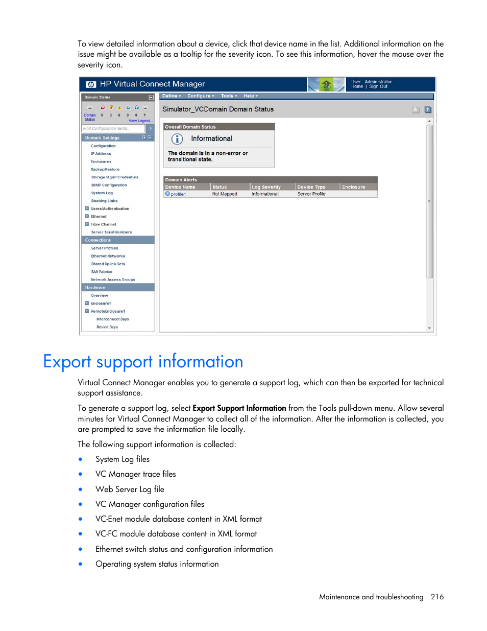 Export support information | HP 1.10GB Virtual Connect Ethernet Module for c-Class BladeSystem User Manual | Page 216 / 230