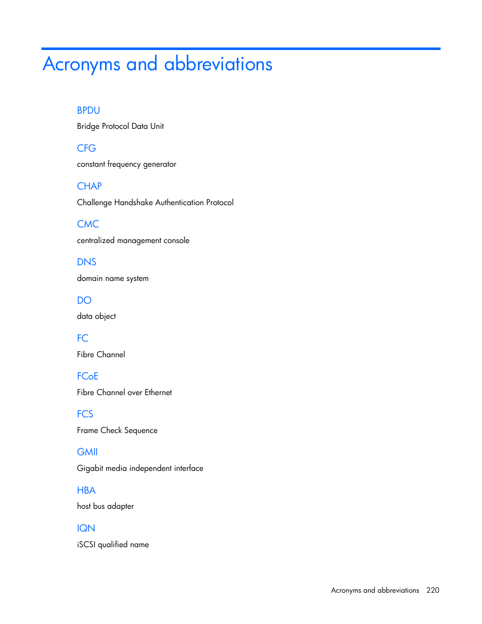 Acronyms and abbreviations | HP 1.10GB Virtual Connect Ethernet Module for c-Class BladeSystem User Manual | Page 220 / 230