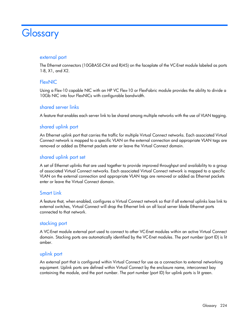 Glossary | HP 1.10GB Virtual Connect Ethernet Module for c-Class BladeSystem User Manual | Page 224 / 230